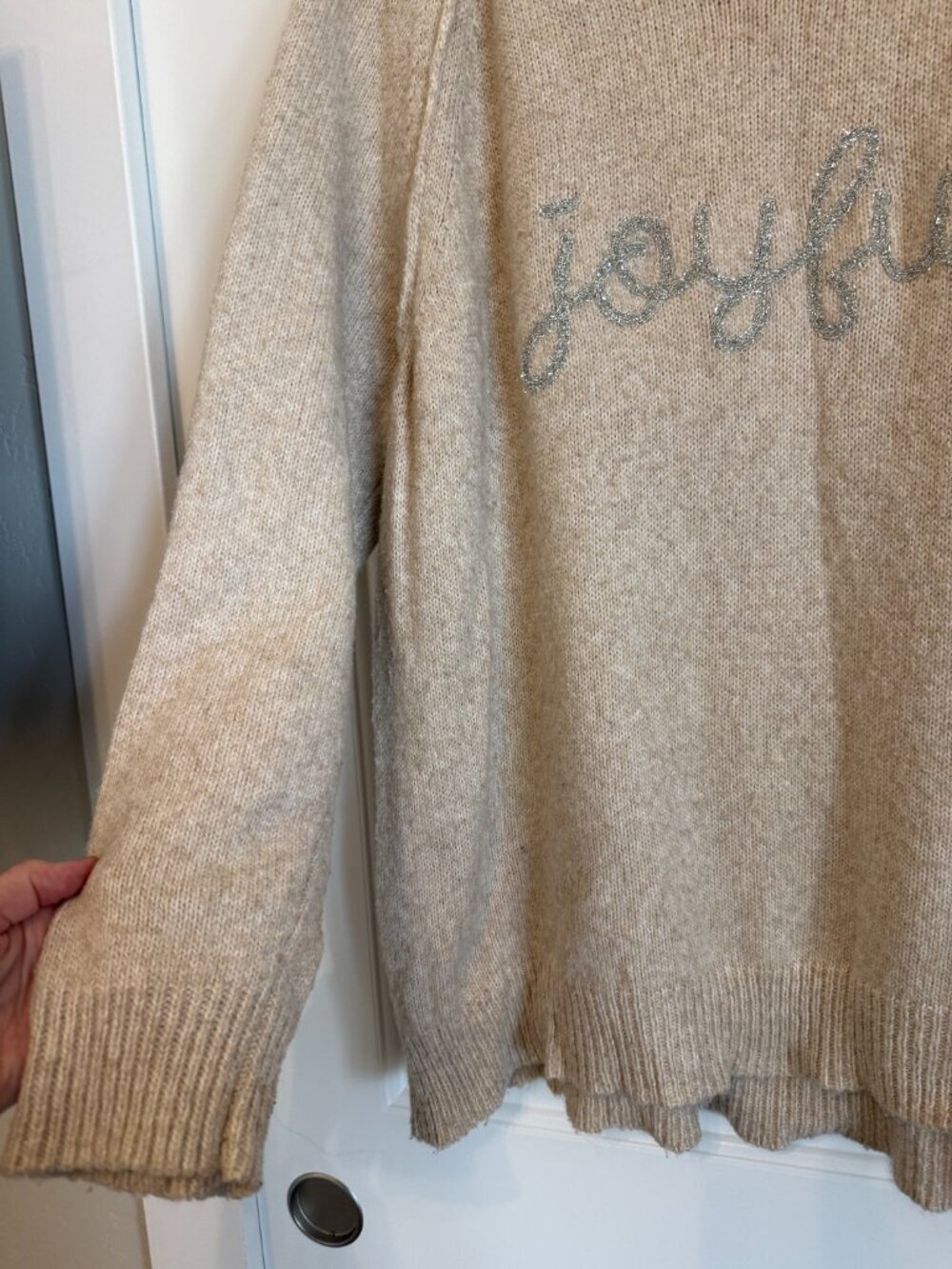 Soft knit sweater featuring a sparkly "joyful" graphic. - Picture 3 of 7